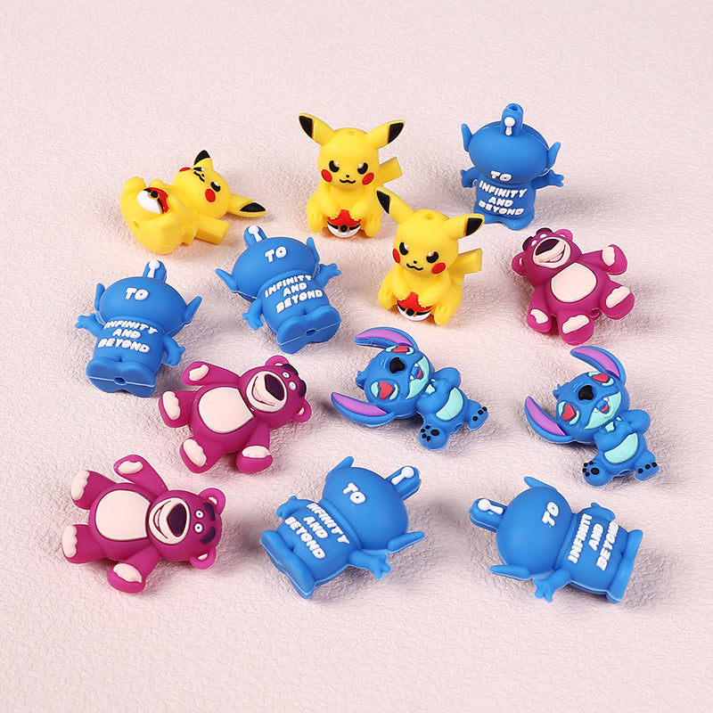 Silicone 3D Focal Beads Pikachu Stitch Purple Bear Text 20pcs 3