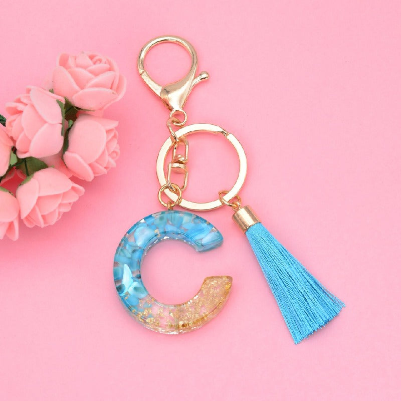 Blue Resin Tassel Monogram Keychain with Gold Flake Accent 6