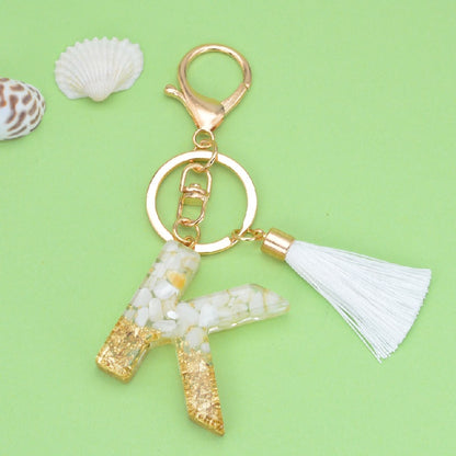 Tassel Letter A Keychain Resin Gold Flakes White Tassel 14