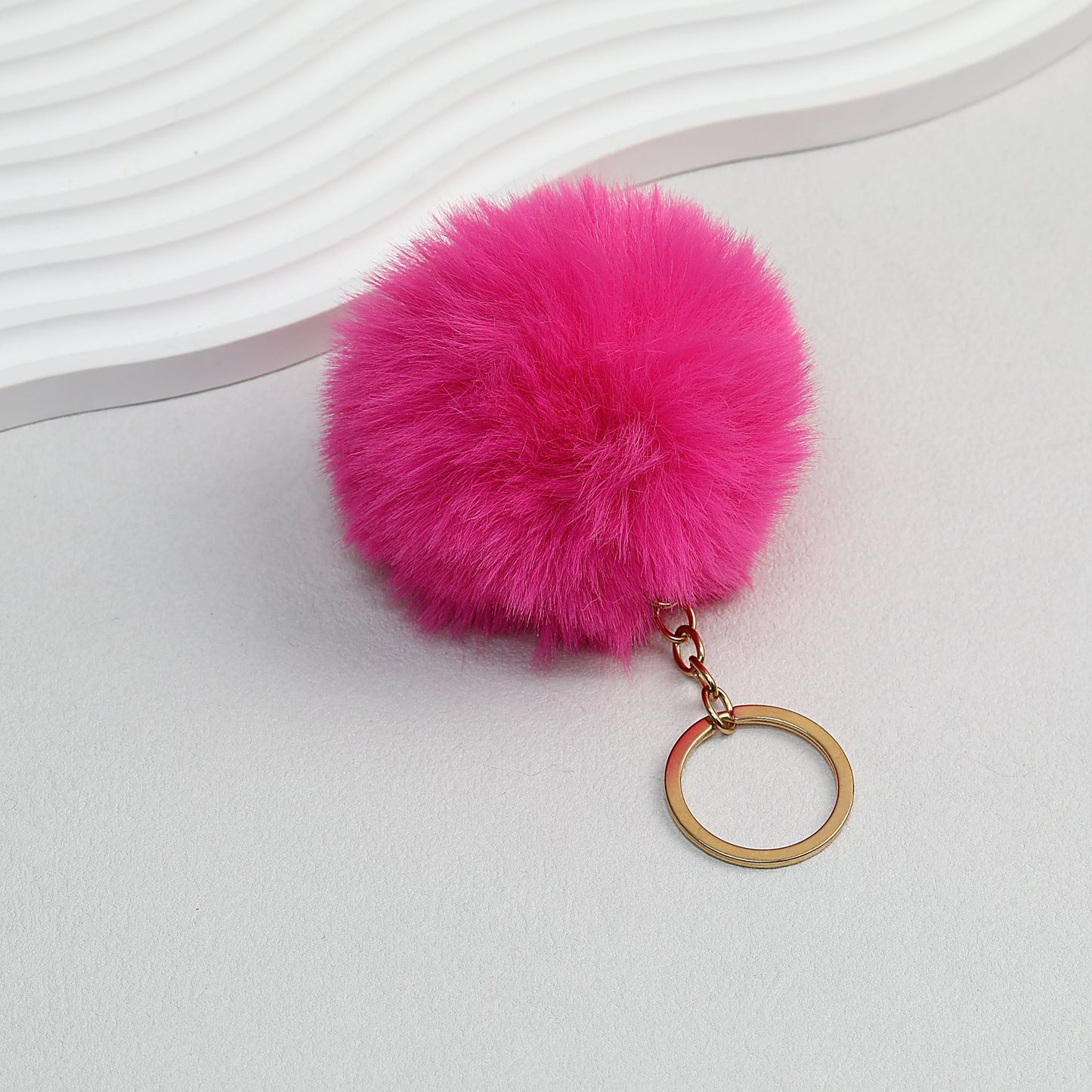 Pom Pom Keychain Plush Violet Faux Fur Ball Gold Ring 8cm - Plum