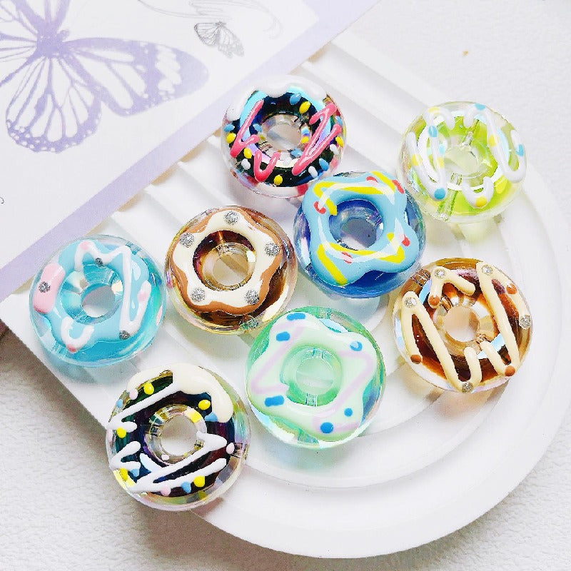 Hand Drawn Donut Acrylic Beads 30mm Colorful Pastel Swirl 5pcs