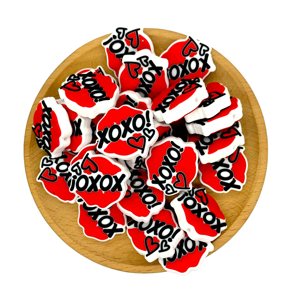 Silicone Focal Beads Valentine XoXo Lips with Text 20pcs 2