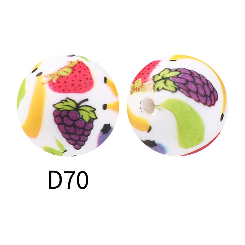 50Pcs 15mm Colored pattern printed silicone beads 72