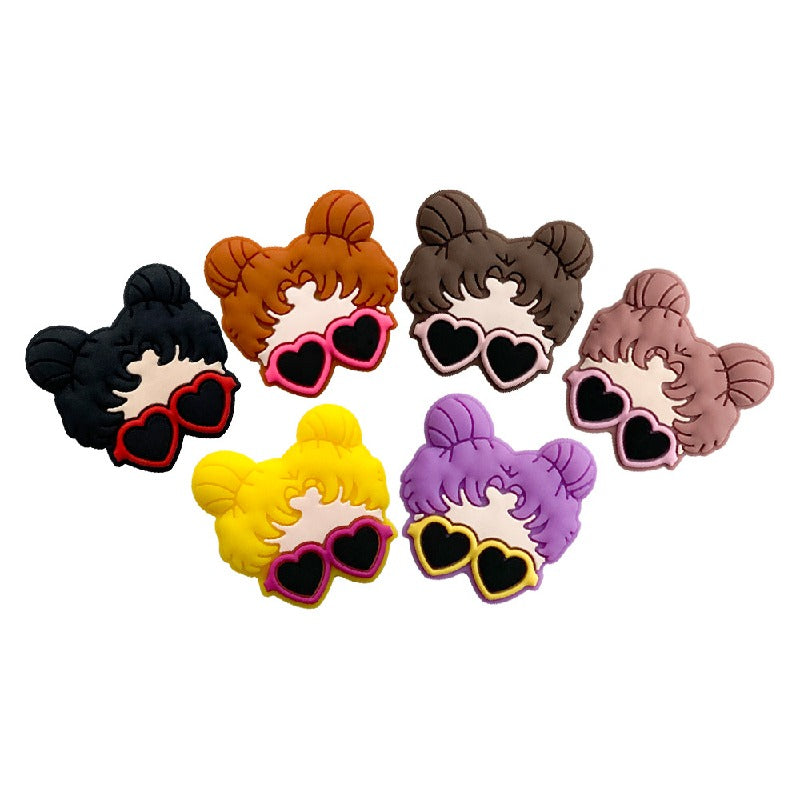 Silicone Focal Beads Glass Girl Double Buns Heart Sunglasses 20pcs