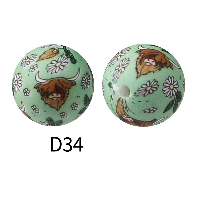 50Pcs 15mm Colored pattern printed silicone beads 36