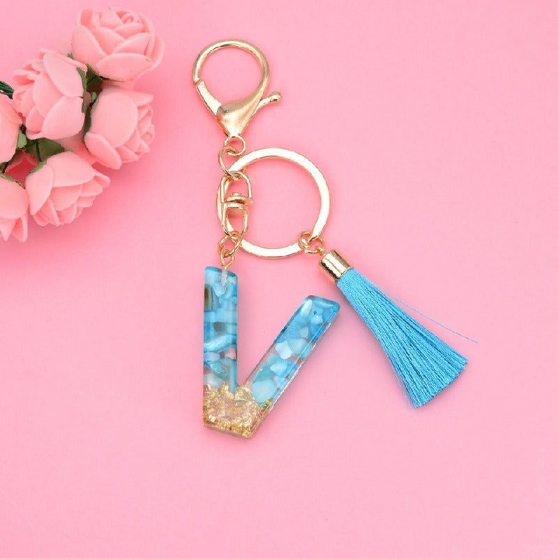 Blue Resin Tassel Monogram Keychain with Gold Flake Accent 24