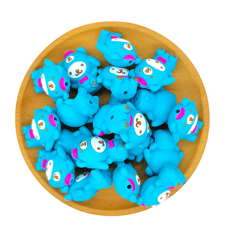 Silicone 3D Focal Beads Blue Bear Wearing Pink Bow Hat 2