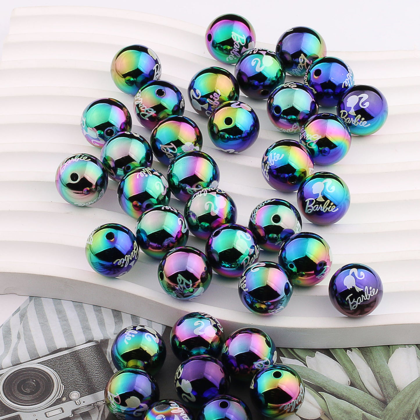 Plating Round Acrylic Beads 16mm UV Barbie Letter Printed 20pcs 8