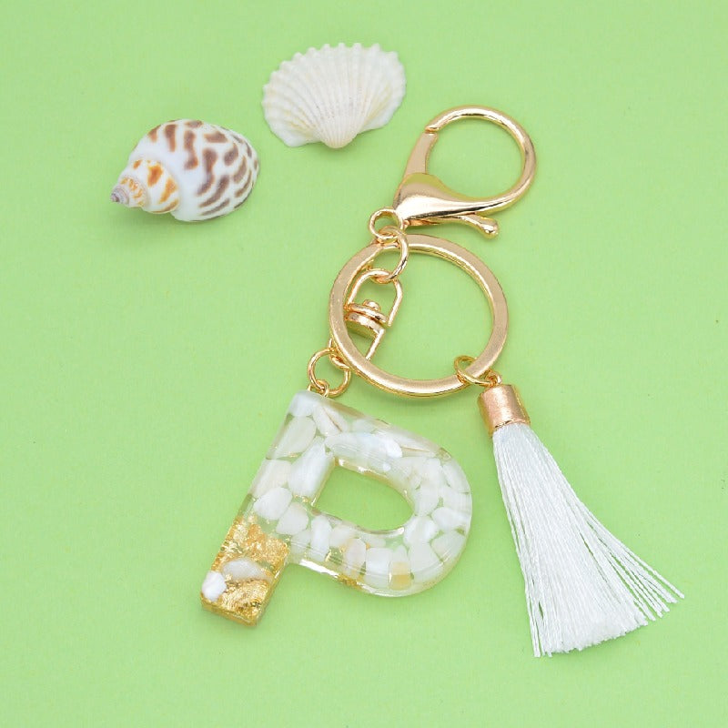 Tassel Letter A Keychain Resin Gold Flakes White Tassel 19