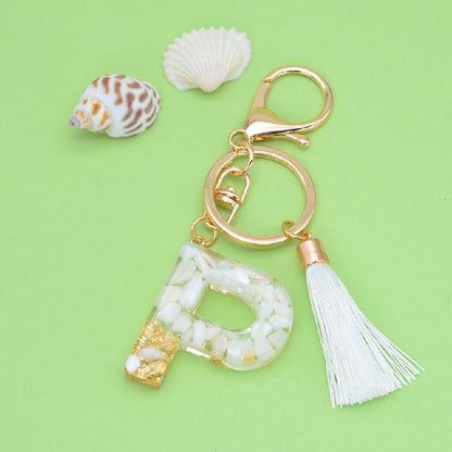 Tassel Letter A Keychain Resin Gold Flakes White Tassel 19