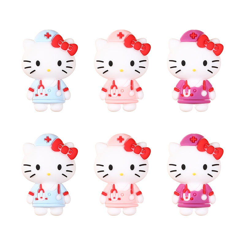 Silicone 3D Focal Beads Nurse Cat Wearing Nurse Hat 20pcs 11