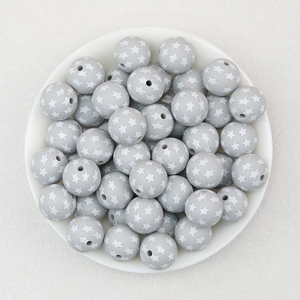 Star Pattern 15mm Printed Silicone Beads 50pcs - Gray
