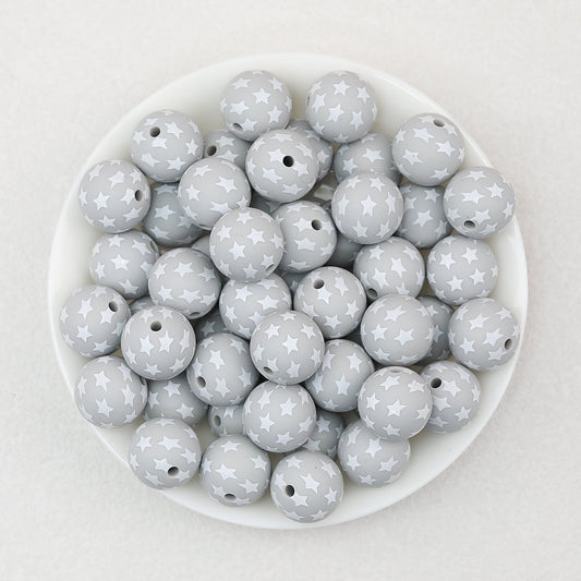 Star Pattern 15mm Printed Silicone Beads 50pcs - Gray
