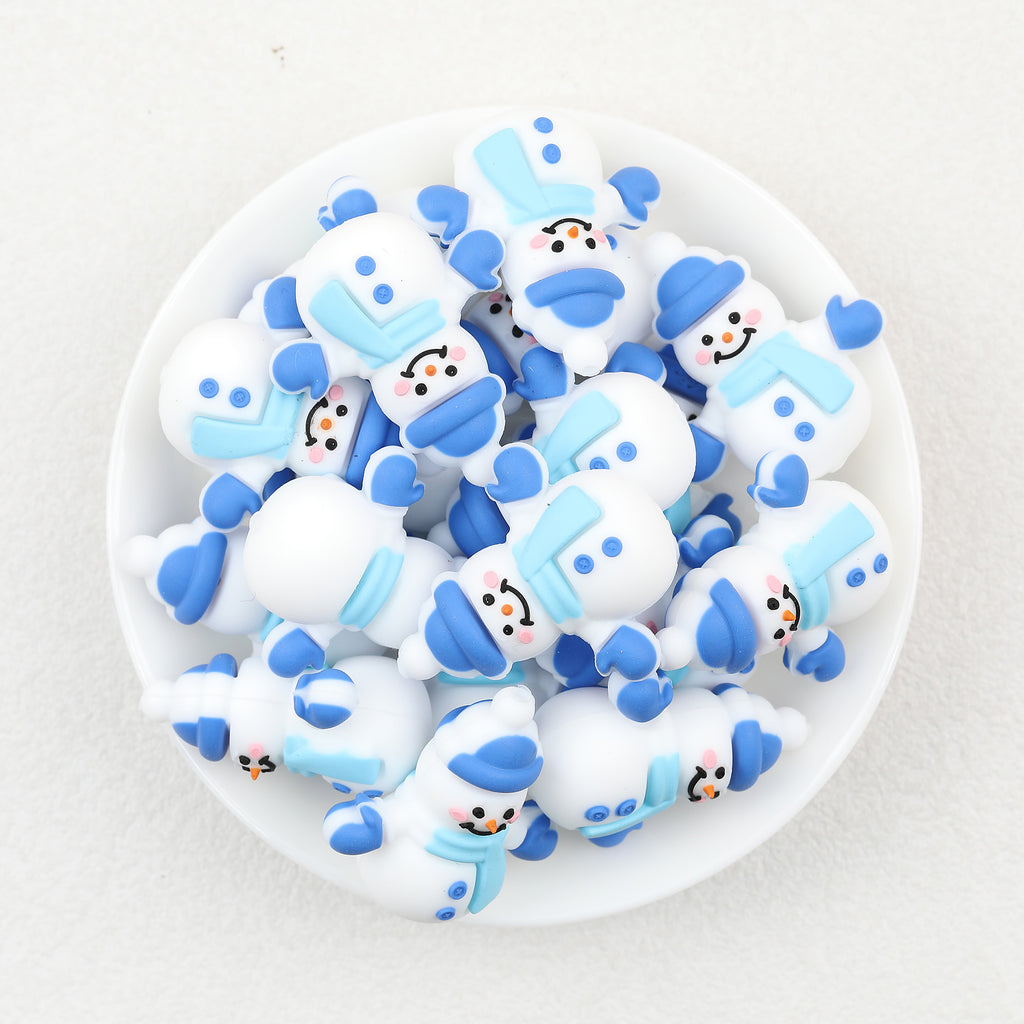 3D Snowman Silicone Focal Beads Wholesale, Blue Scarf Gloves Christmas Design