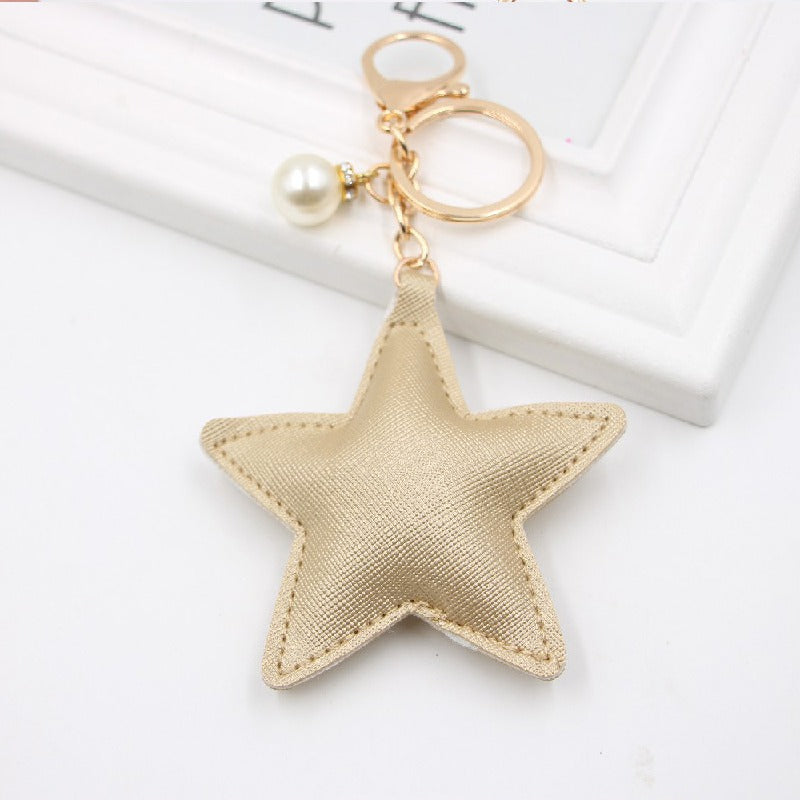 Leather Star Keychain with Faux Pearl Charm Gold and Silver 3