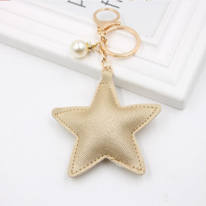 Leather Star Keychain with Faux Pearl Charm Gold and Silver 3
