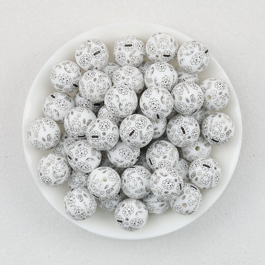 15mm Black and White Patterned Print Round Silicone Beads 50pcs - wow