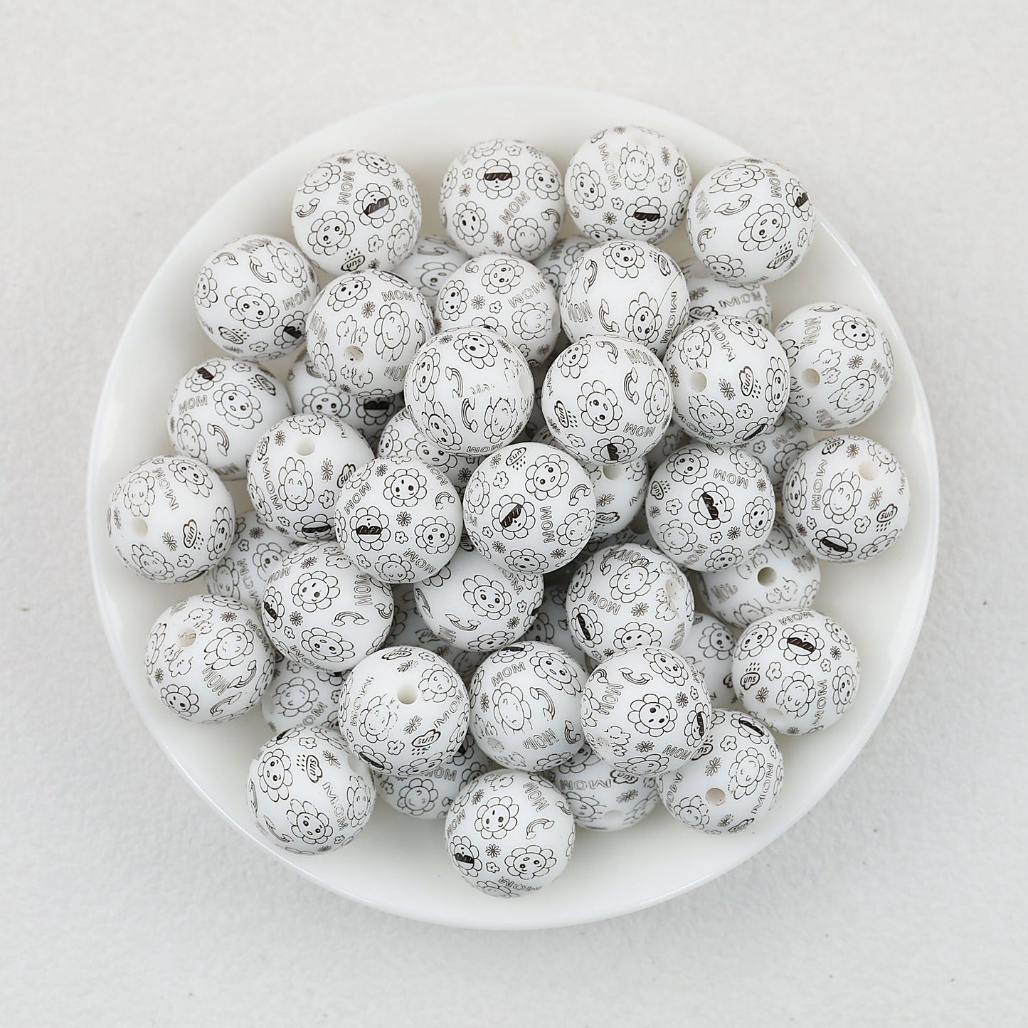 15mm Black and White Patterned Print Round Silicone Beads 50pcs - wow