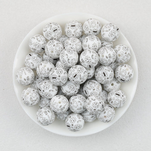 15mm Black and White Patterned Print Round Silicone Beads 50pcs - wow