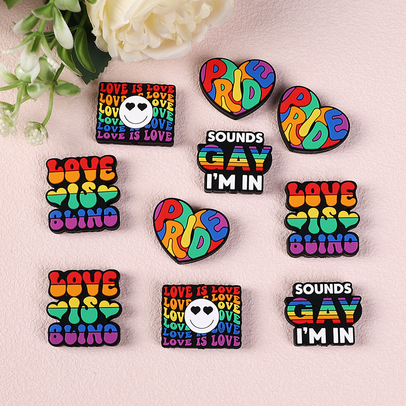 Silicone Focal Beads Rainbow Pride Bold Typography Hearts 20pcs 6