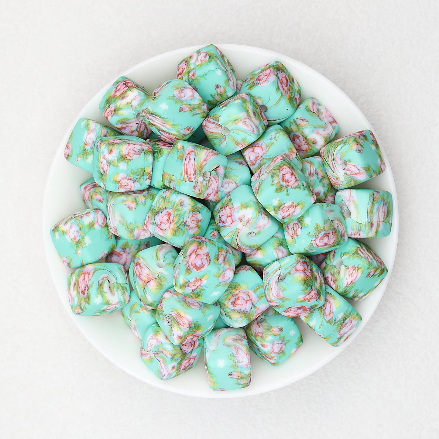 Floral Pattern 13.5mm Square Silicone Beads Printed Design 50pcs - Style 6