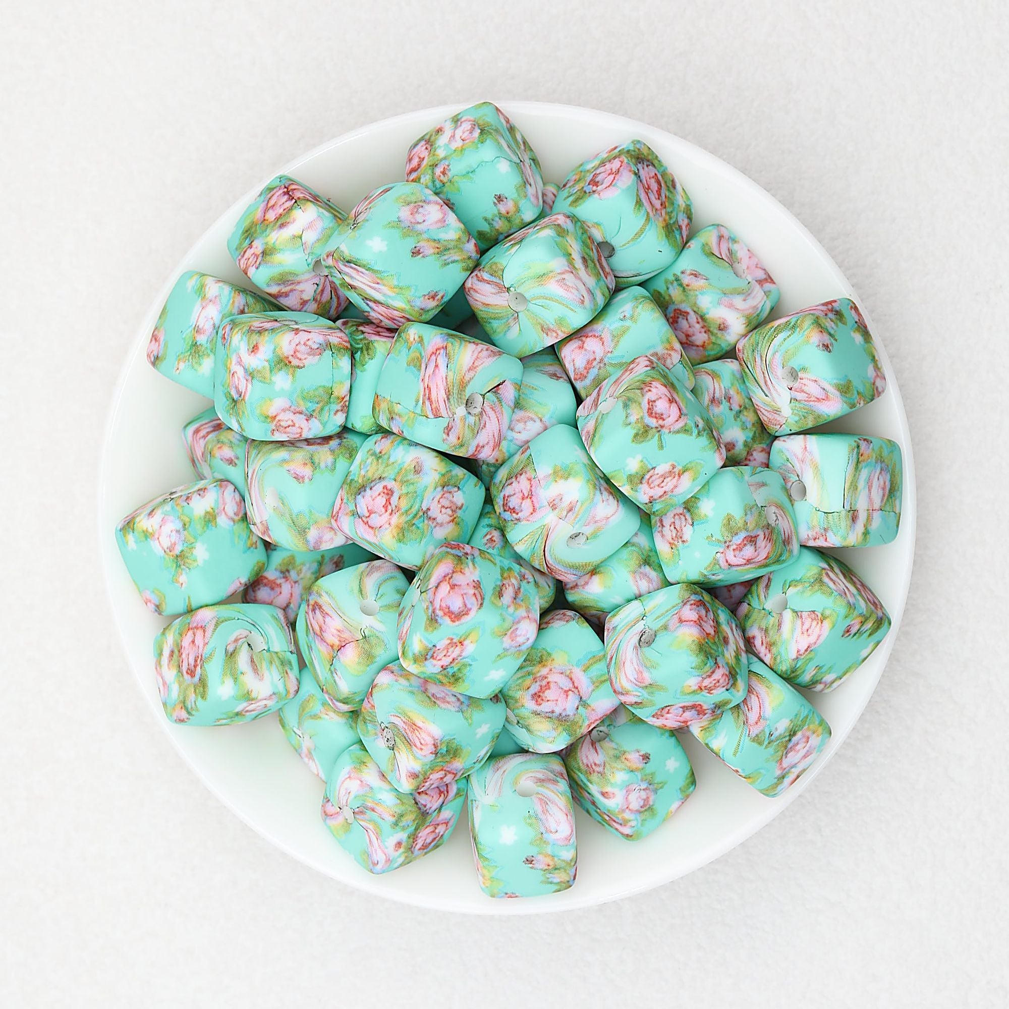 Floral Pattern 13.5mm Square Silicone Beads Printed Design 50pcs - Style 6