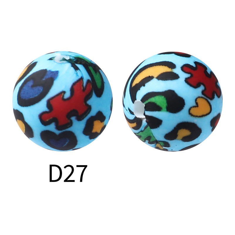 50Pcs 15mm Colored pattern printed silicone beads 29