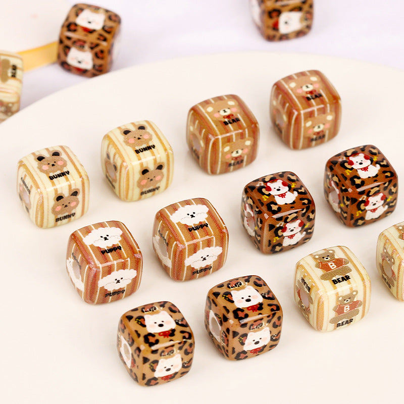 Square Acrylic Beads 14mm Leopard Puppy Pattern 10pcs