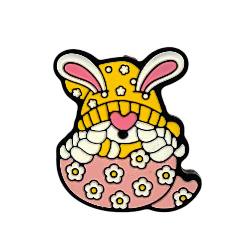 Silicone Focal Beads Easter Rabbit Wearing Yellow Hat Circle Badge