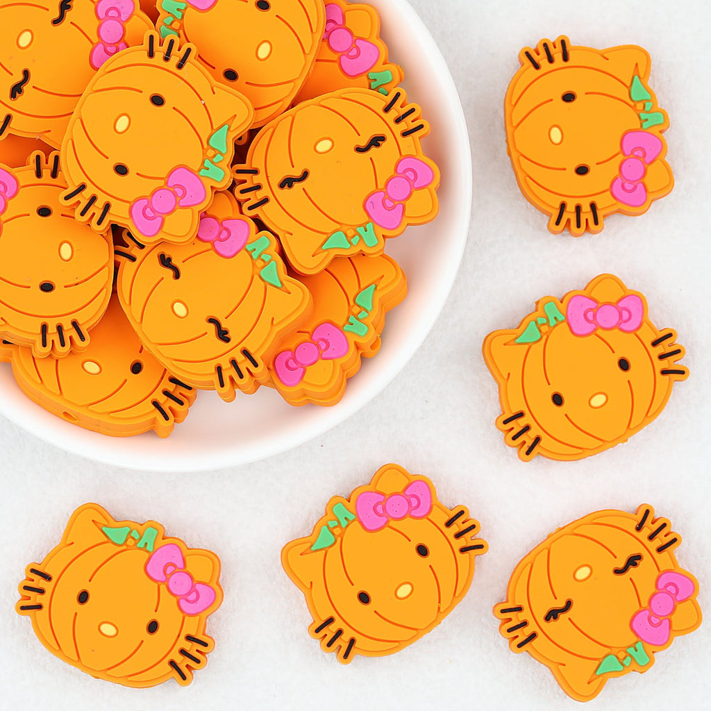 Halloween Bow Pumpkin Silicone Focal Beads Orange Pink 20pcs
