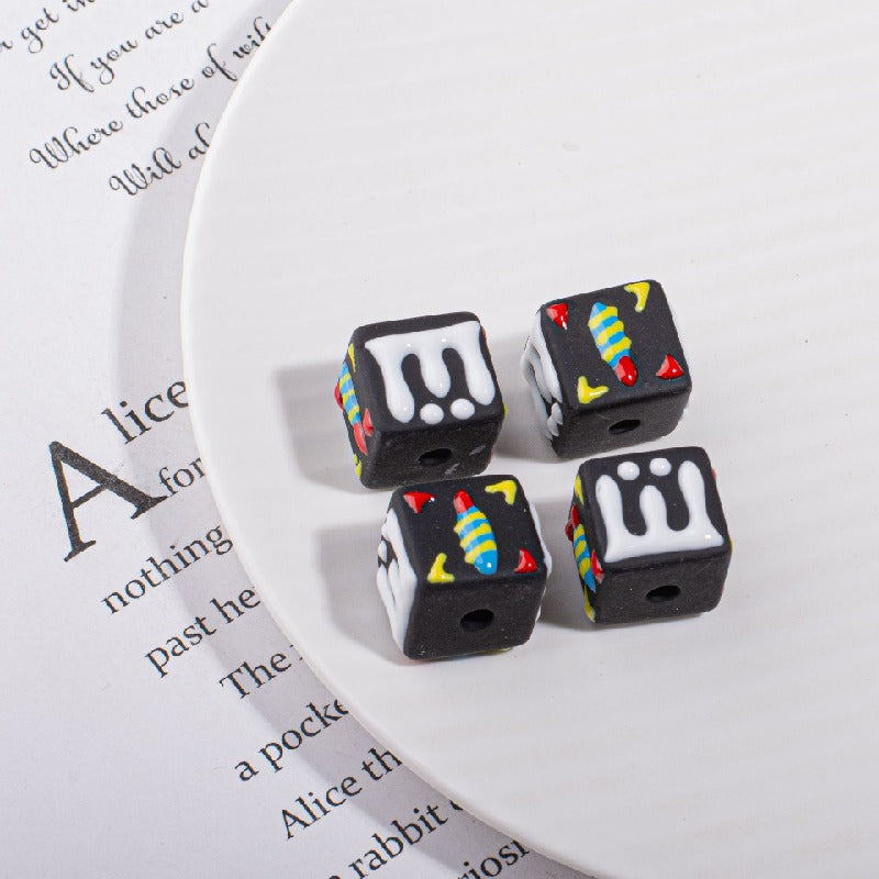 Hand Drawn Candle Square Acrylic Beads 16mm Colorful 5pcs 11