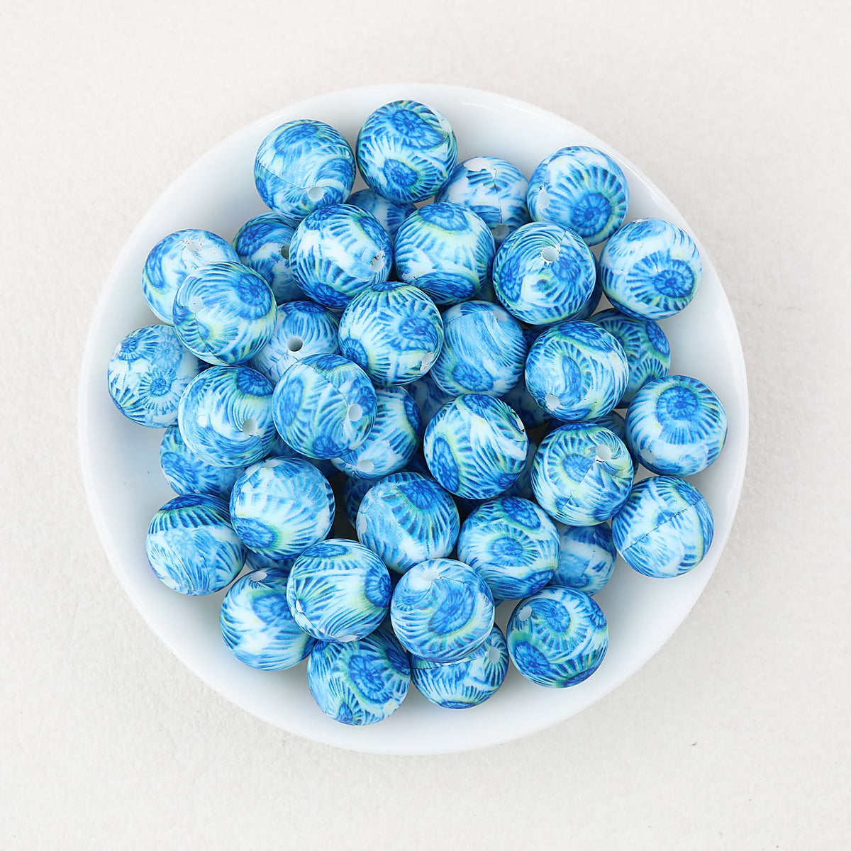 Colorful 15mm Printed Round Silicone Beads with Flower Patterns 50pcs - Pine Leaf Daisy