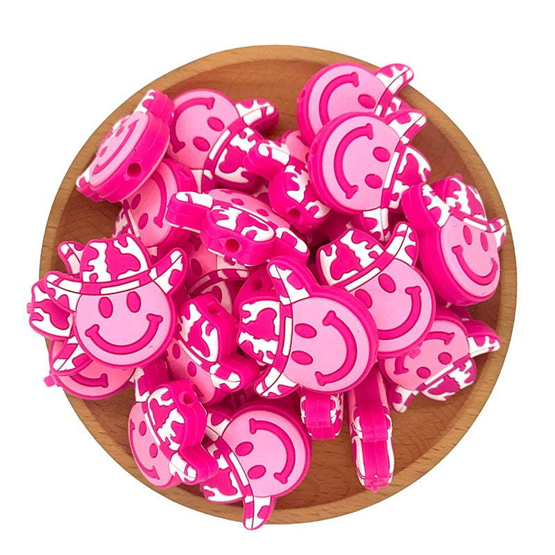 Silicone Focal Beads Cow Print Smile Wearing Hat 20pcs 2