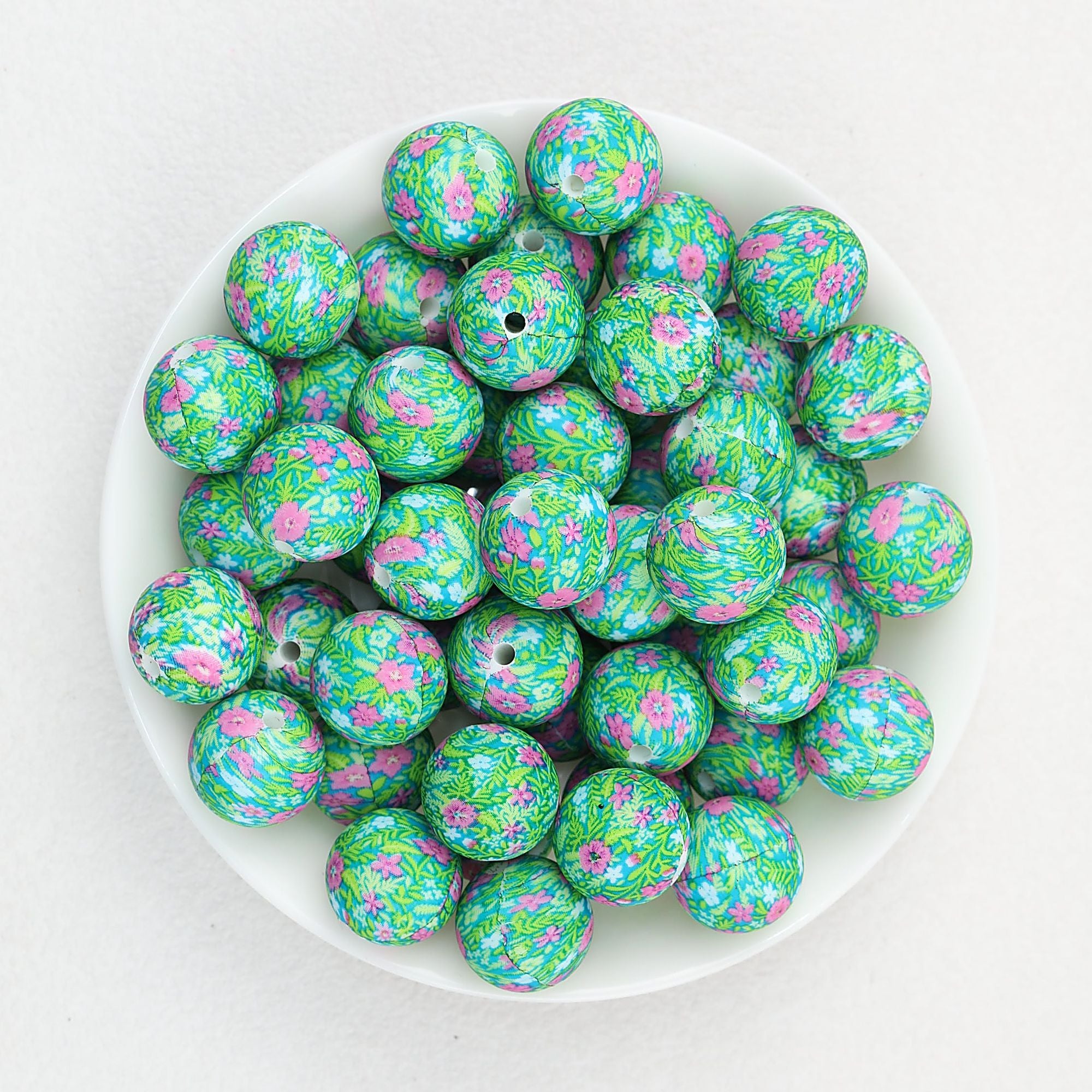 15mm Floral Pattern Print Round Silicone Beads Dark Base 50pcs - Green Cauliflower