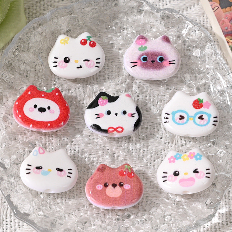 Cute Cat Head Printed Acrylic Beads 19mm 10pcs