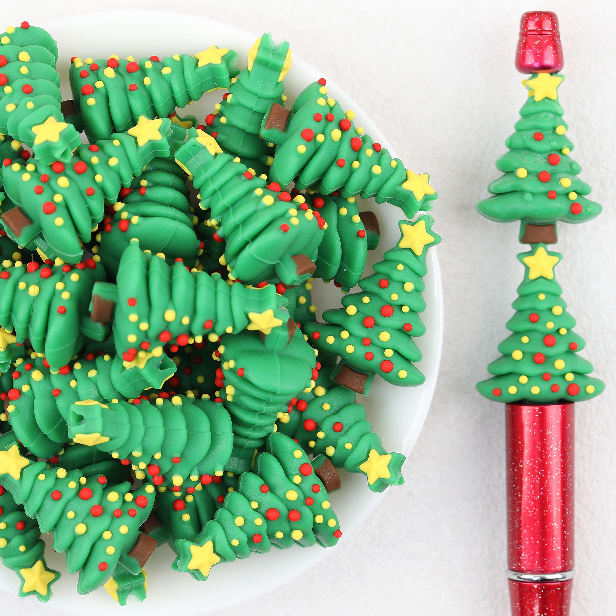3D Green Tree Silicone Focal Beads Wholesale, Christmas Red Yellow Dots Star Topper Design
