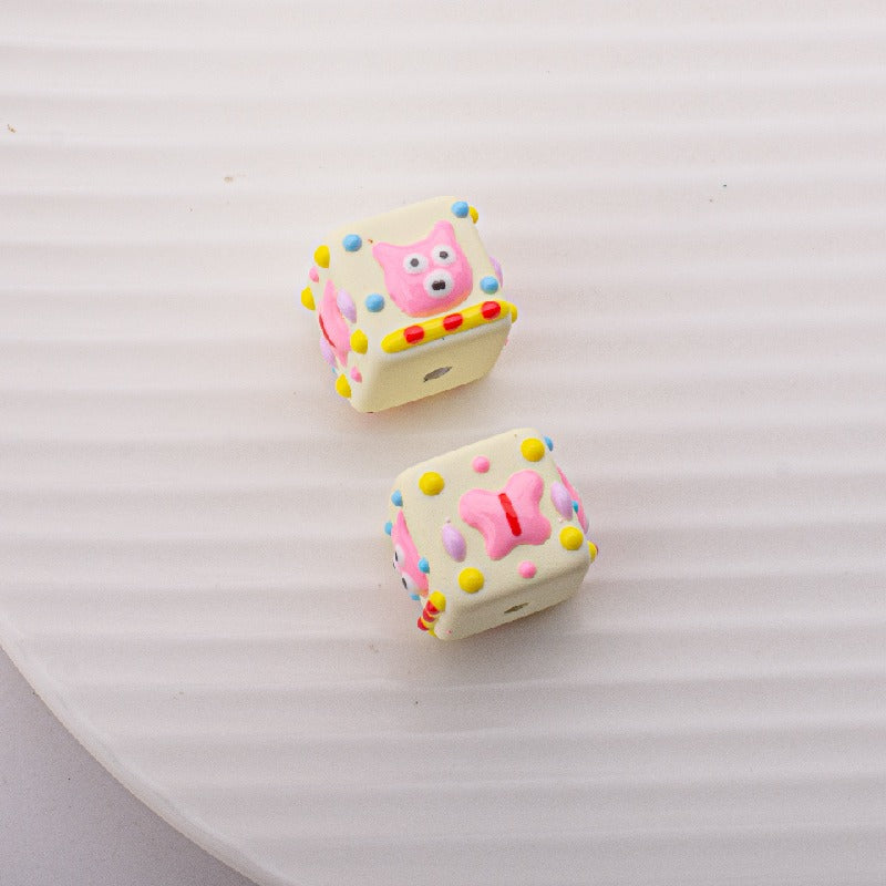Painted Square Acrylic Beads 15mm Circus Pig Rabbit Expression 5pcs 6