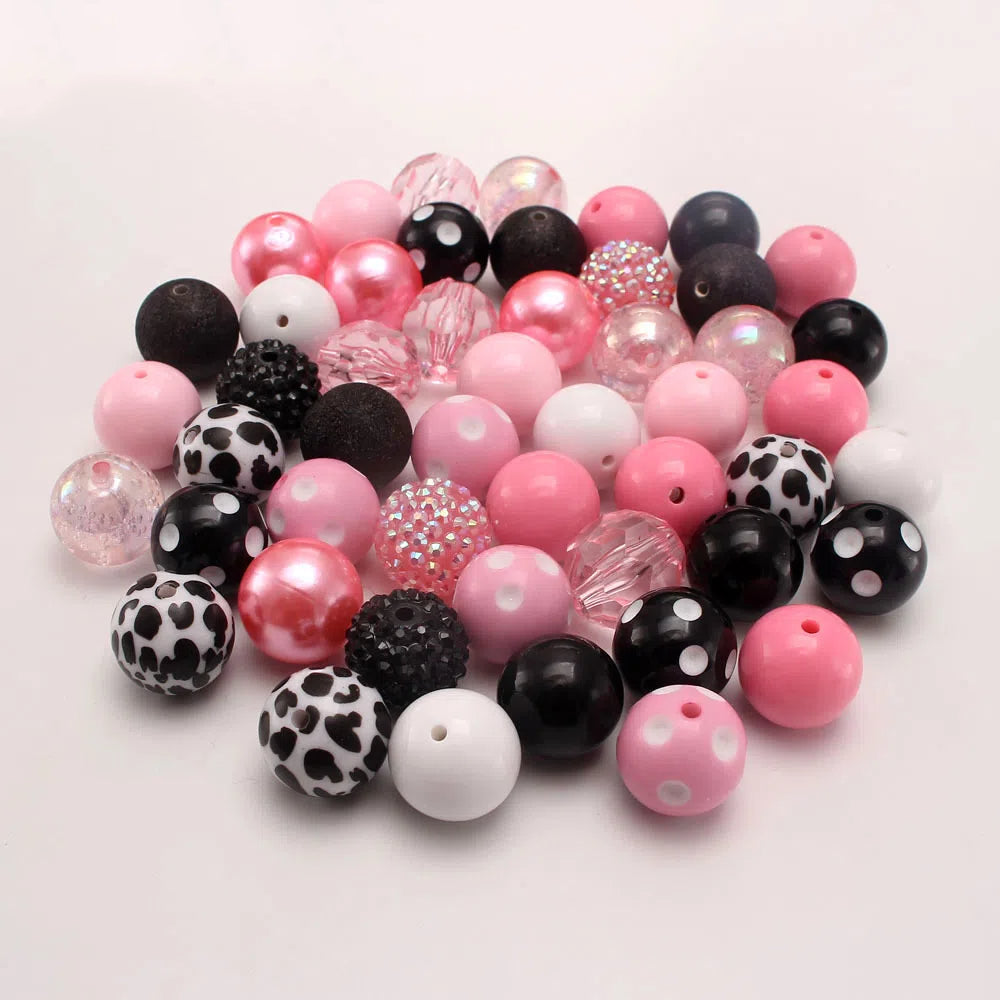 Bubblegum Beads 20mm Pink Black Cow Print Glossy Matte Chunky Mix 50pcs 3