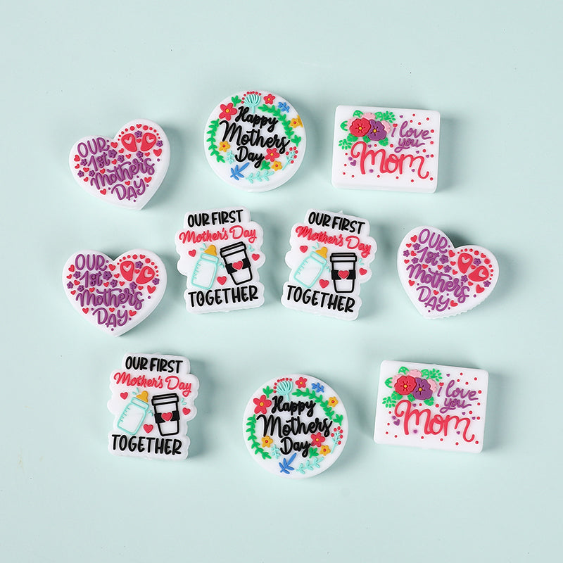 Silicone Focal Beads Mother Day Circle Badge Smiling Face 20pcs 4