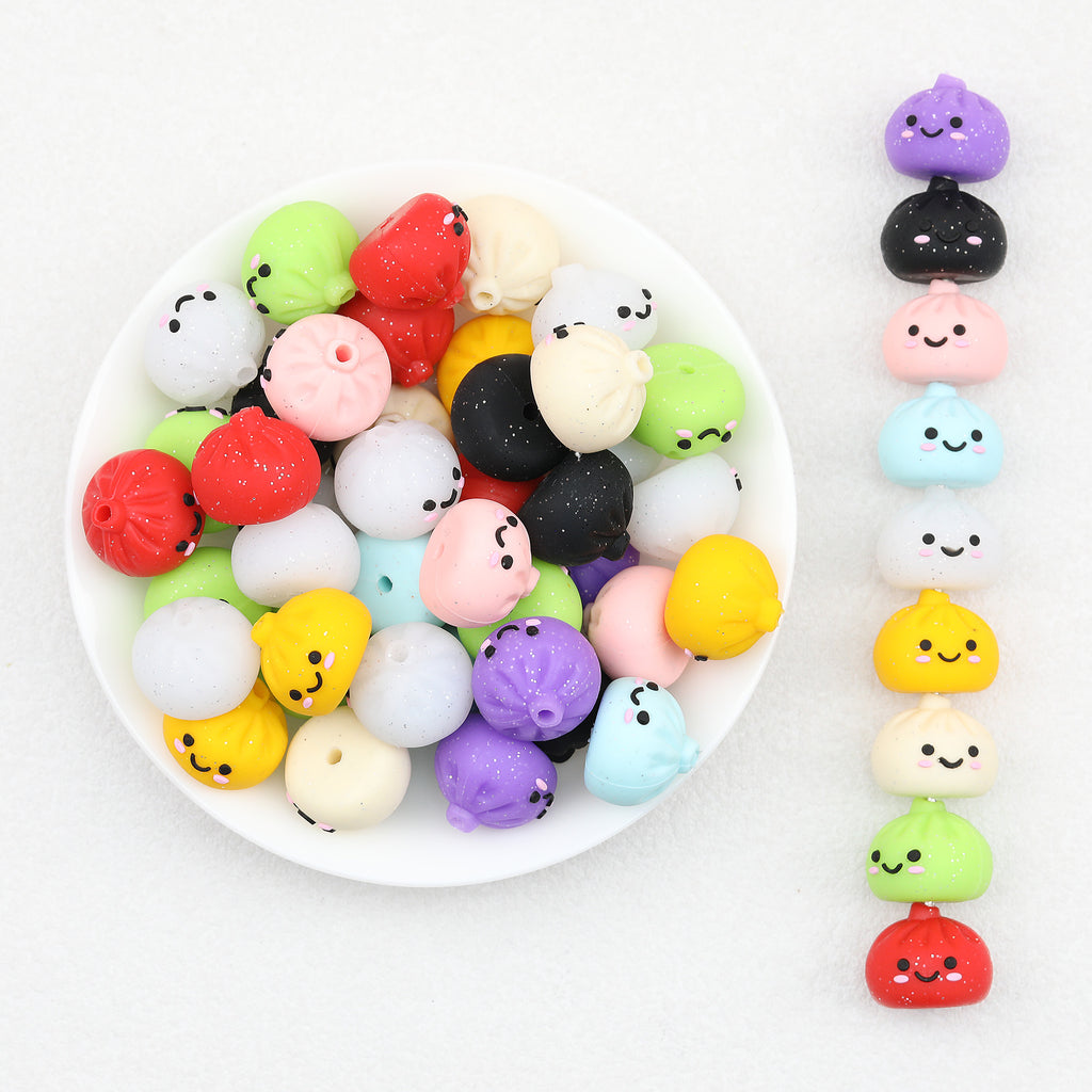3D Cute Glitter Steamed Stuffed Bun Silicone Focal Beads 20pcs