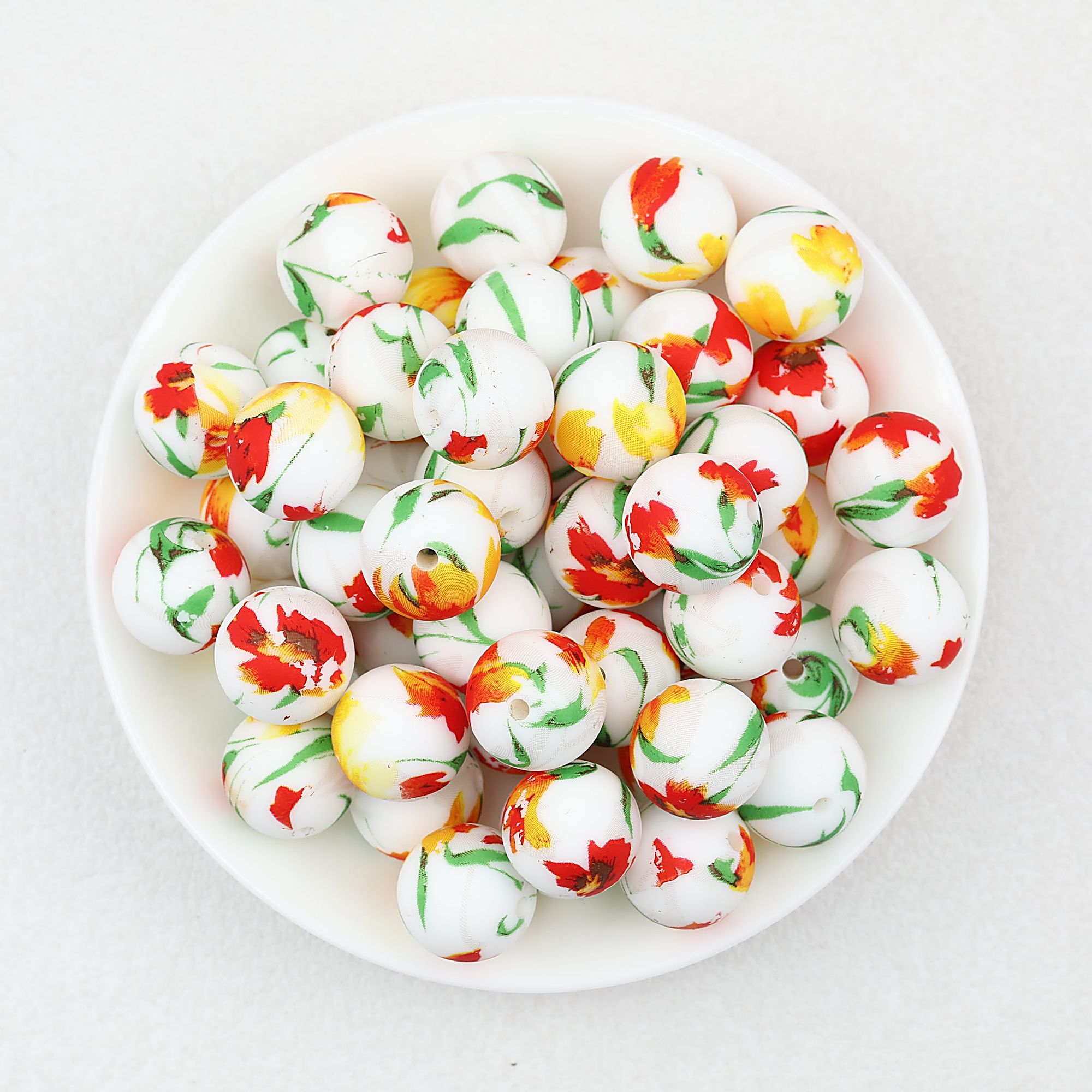 15mm Light Floral Print Round Silicone Beads 50 pcs - Floral Design 9