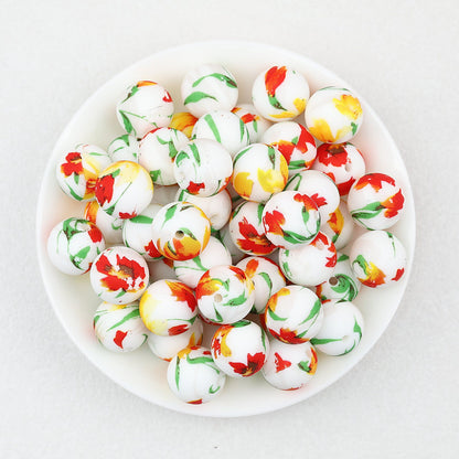 15mm Light Floral Print Round Silicone Beads 50 pcs - Floral Design 9
