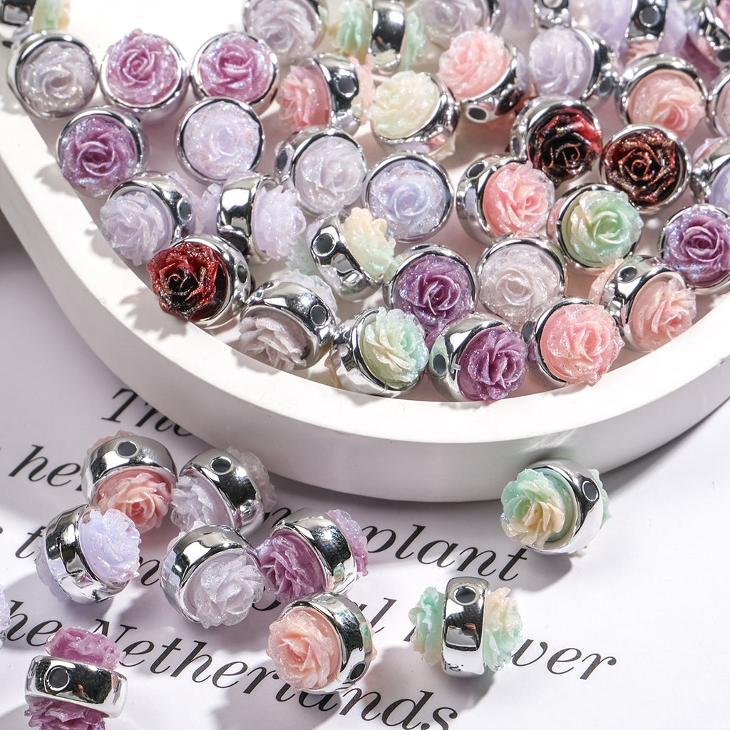 Plating Rose Acrylic Beads 12mm Double Sided Glitter Powder 50pcs