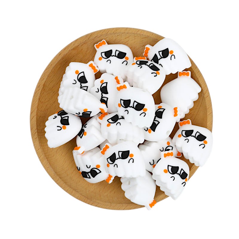 Silicone 3D Focal Beads Halloween Ghost Sad Big Eyes Orange Bow 20pcs 3