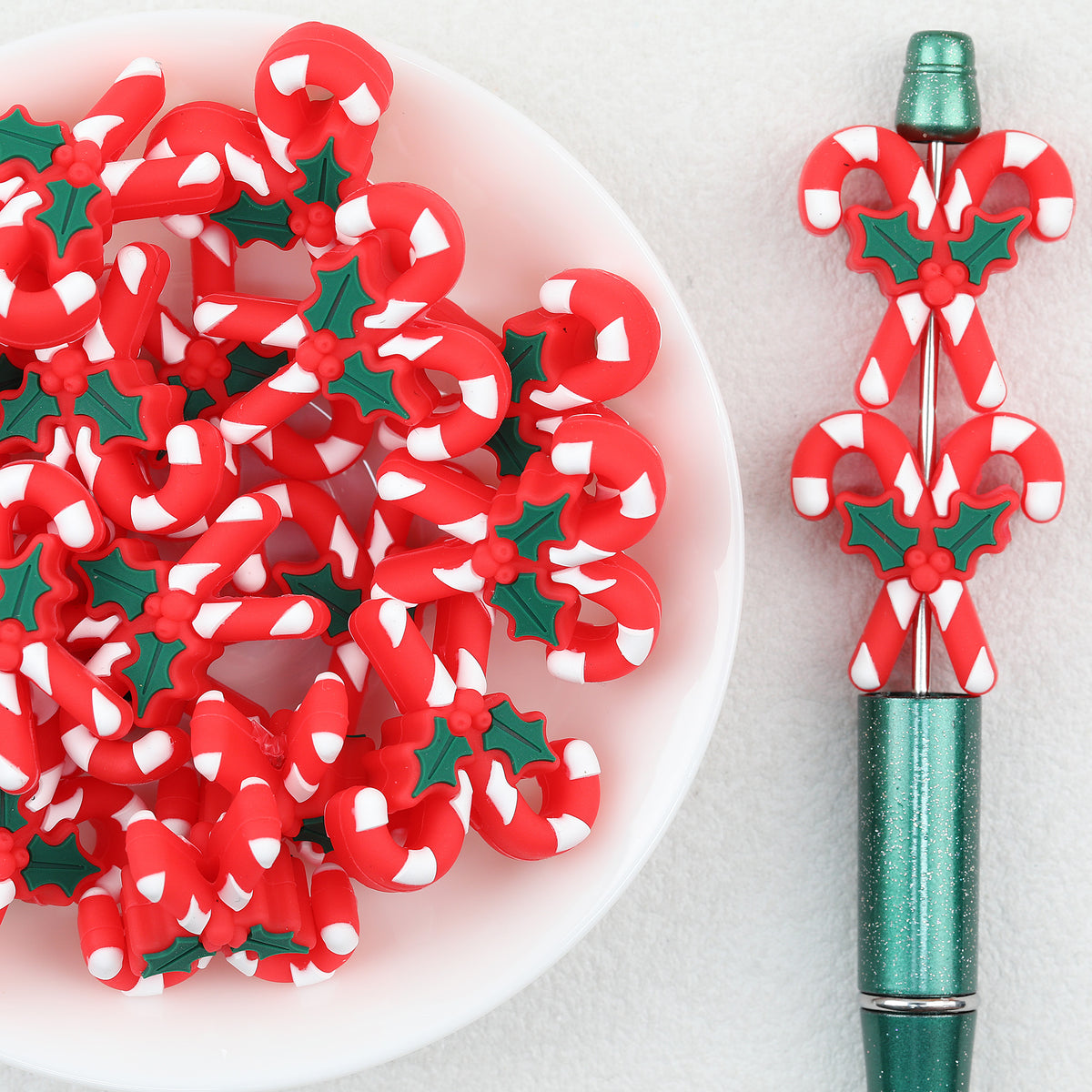 3D Candy Cane Silicone Focal Beads Wholesale, Red White Stripes Green Holly Christmas Design