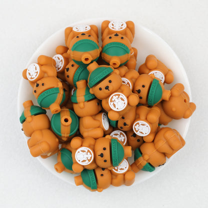 3D Bear Silicone Focal Beads with Green Hat and Coffee Cup 20pcs 2