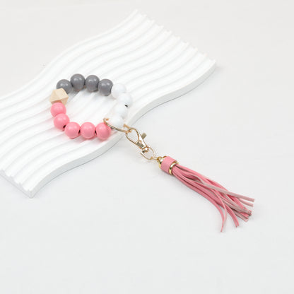 Tassel Wooden Beaded Keychain with PU Leather Tassel 23x10cm