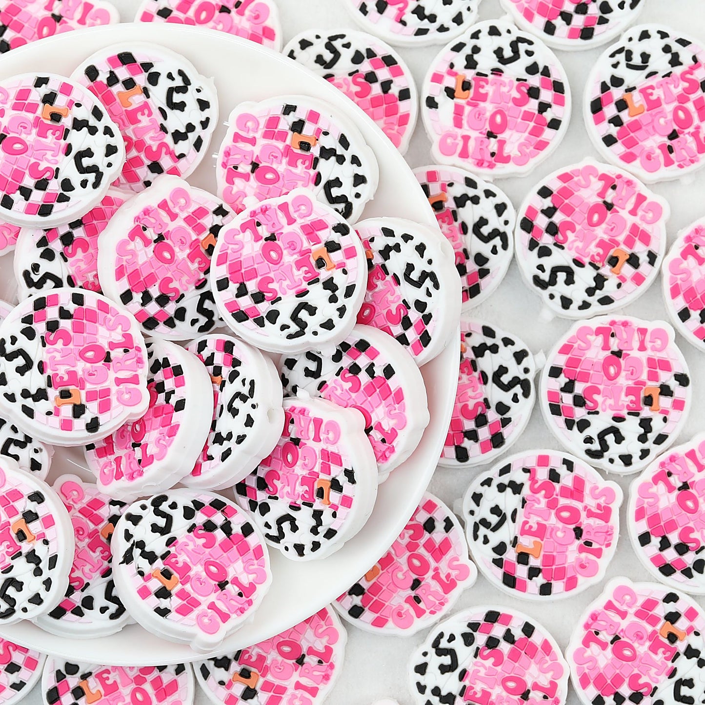 Silicone Focal Beads Lets Go Girls Pink Check Cow Print 20pcs