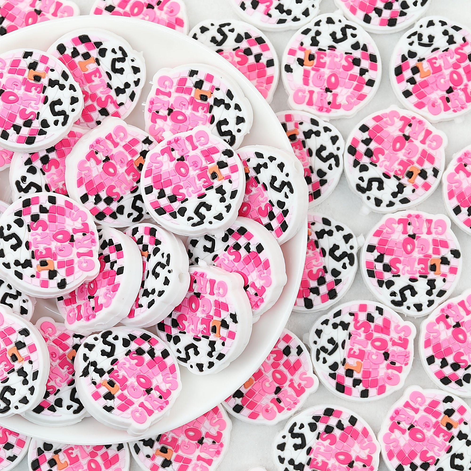 Silicone Focal Beads Lets Go Girls Pink Check Cow Print 20pcs