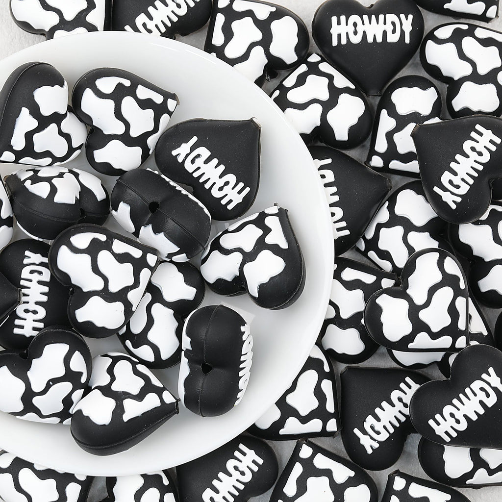 3D Western Cowboy Heart Silicone Focal Beads Cow Print 20pcs